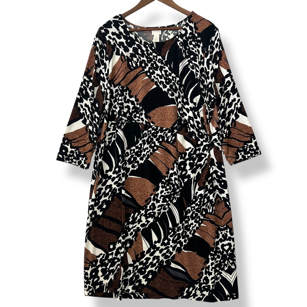 Chico's Size 4 XXL Dress Mixed Animal Patchwork Ruched Side Knot‎ Midi Slinky